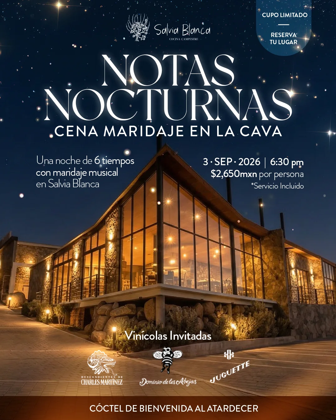 Flyer de Notas Nocturnas: cena maridaje en la cava de Salvia Blanca, 3 de septiembre 2026