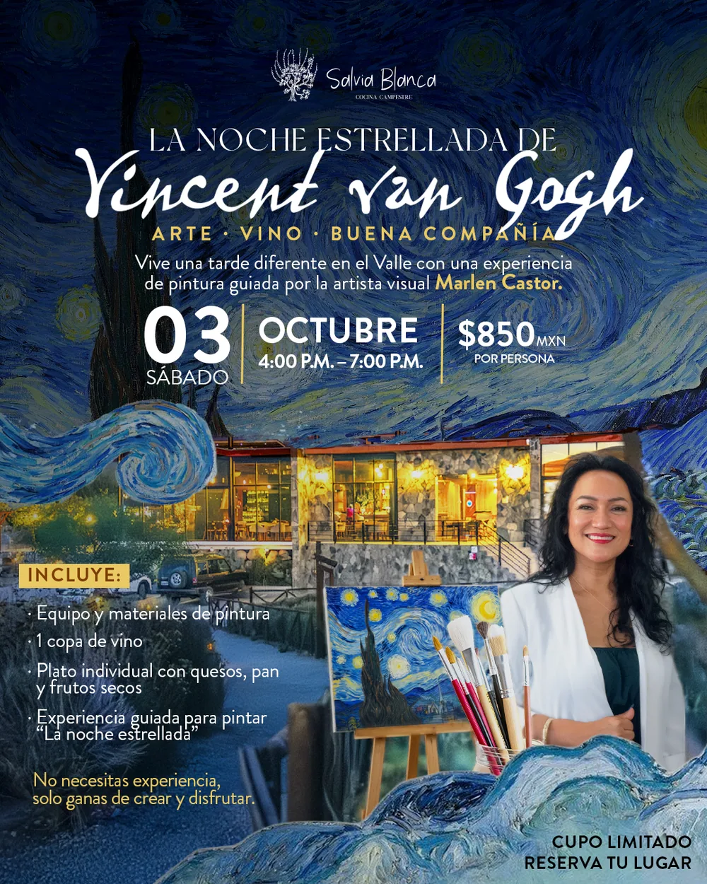 La Noche Estrellada de Vincent van Gogh: pintura guiada por Marlen Castor, sábado 3 de octubre 4 a 7 PM, $850 MXN por persona, en Salvia Blanca